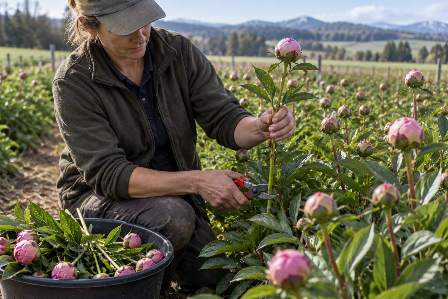 Grower harvests a pink peony stem by hand beside a bucket of cut buds.