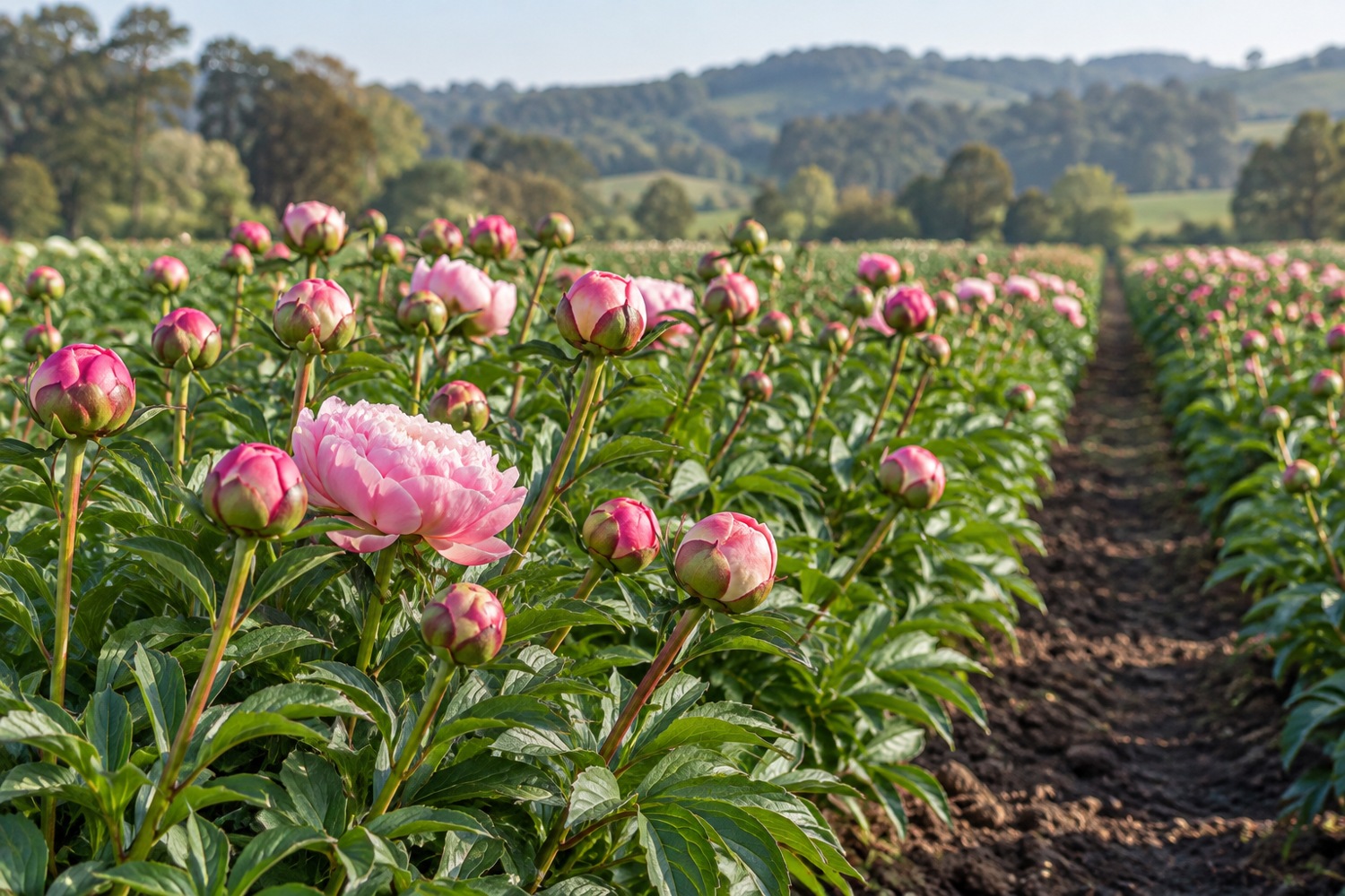 Rows of pink peony buds and opening flowers on a cool climate flower farm.