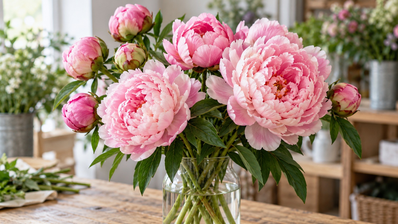 Pink peonies at bud and open stages in a clear vase on a florist bench.