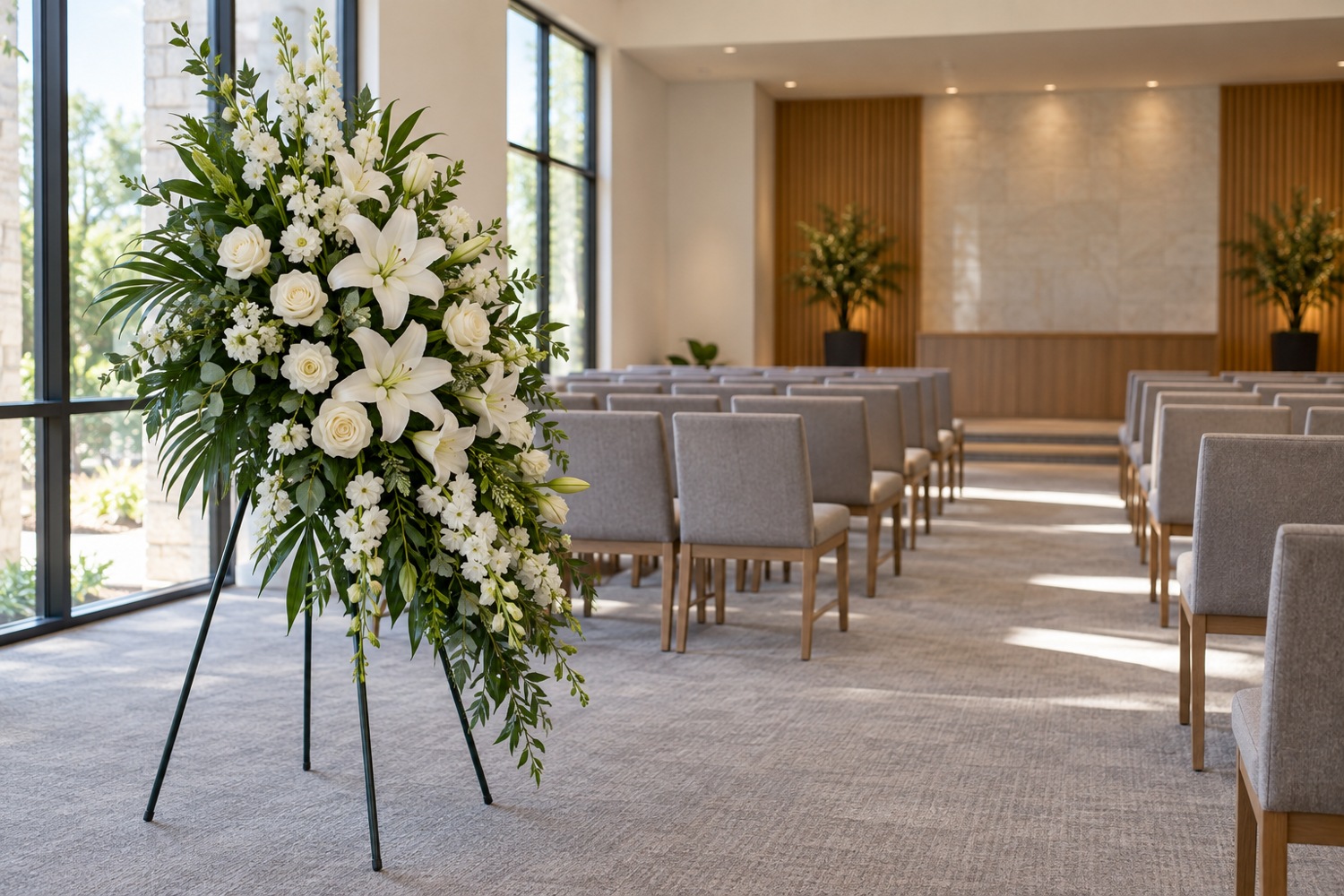 White funeral spray on an easel with space around it in an empty chapel.
