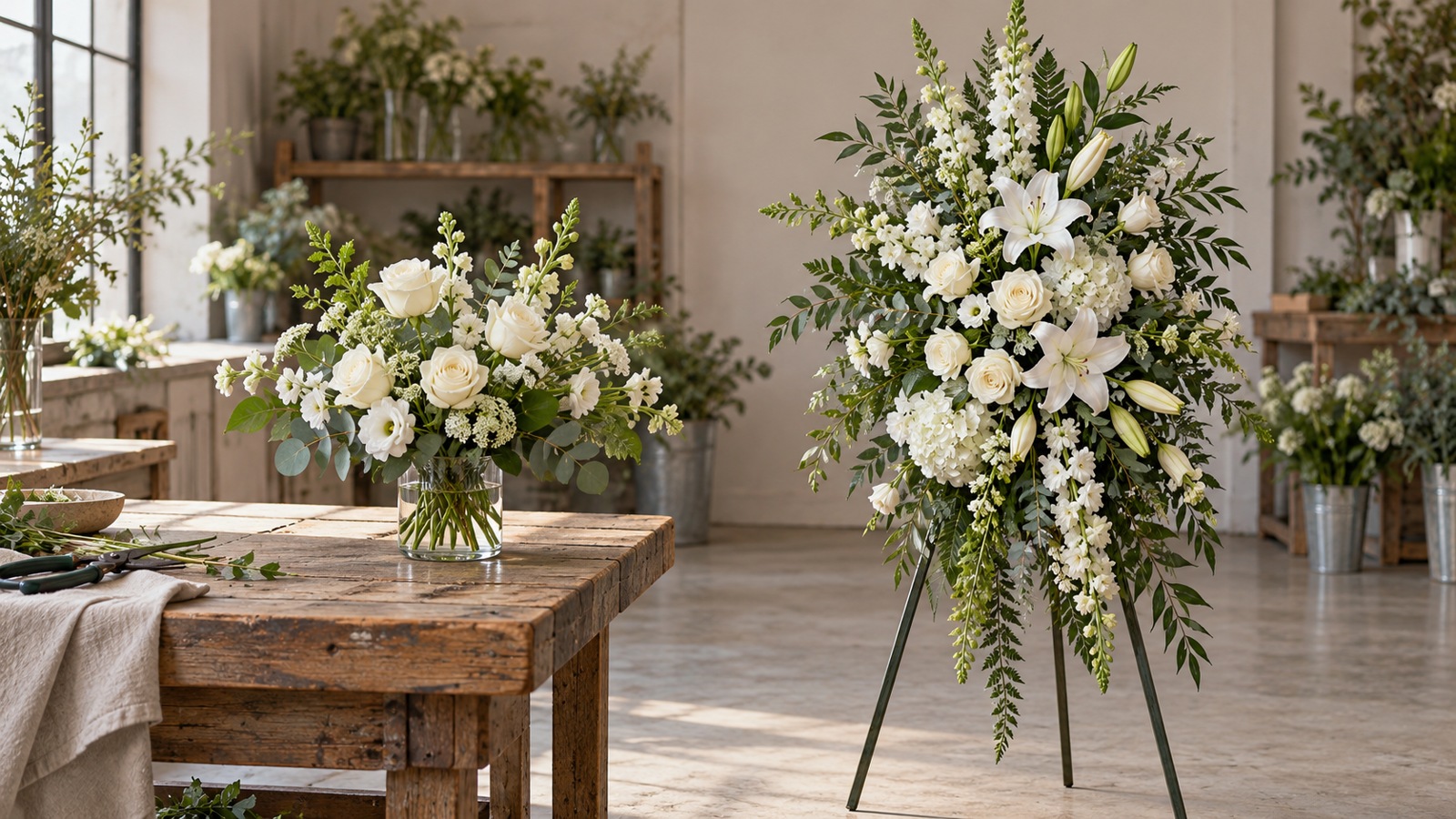White funeral spray on an easel beside a smaller vase arrangement in a florist studio.