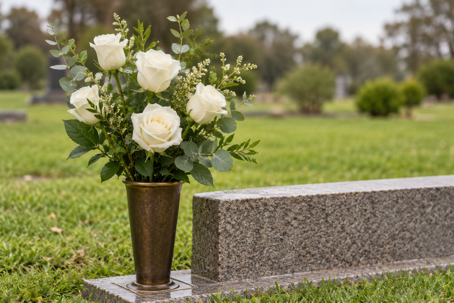 Fresh unwrapped white roses in a bronze graveside vase beside a stone memorial.
