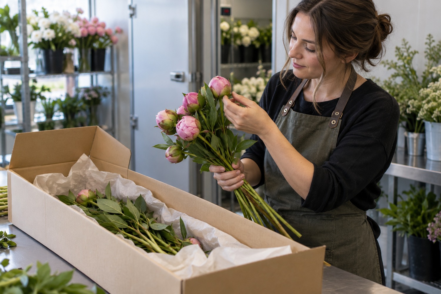 Florist checks delivered pink peony buds beside an open flower carton and cool room.