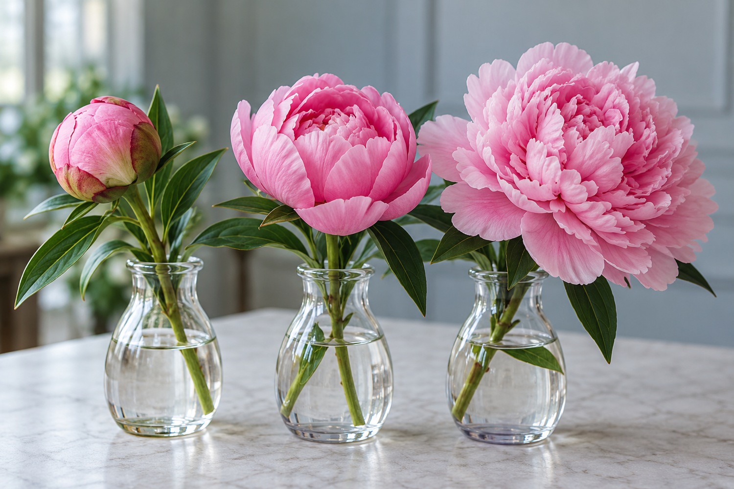 Three pink peony stems at bud, half open and fully open stages in small glass vases.
