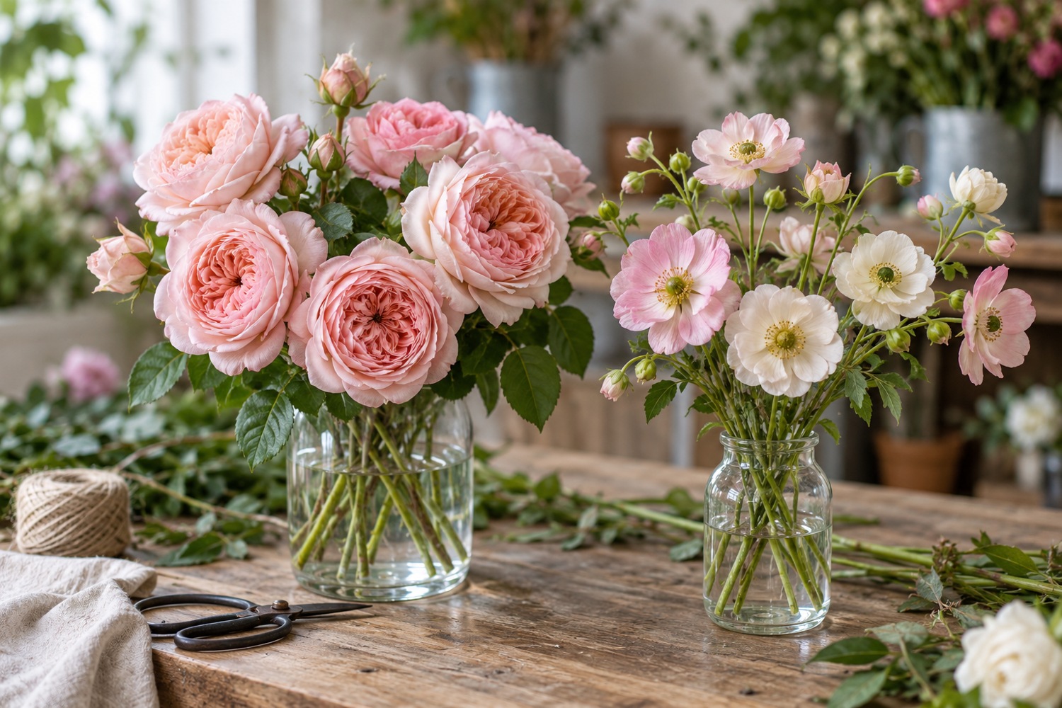 Blush garden roses beside delicate butterfly ranunculus in separate clear vases.