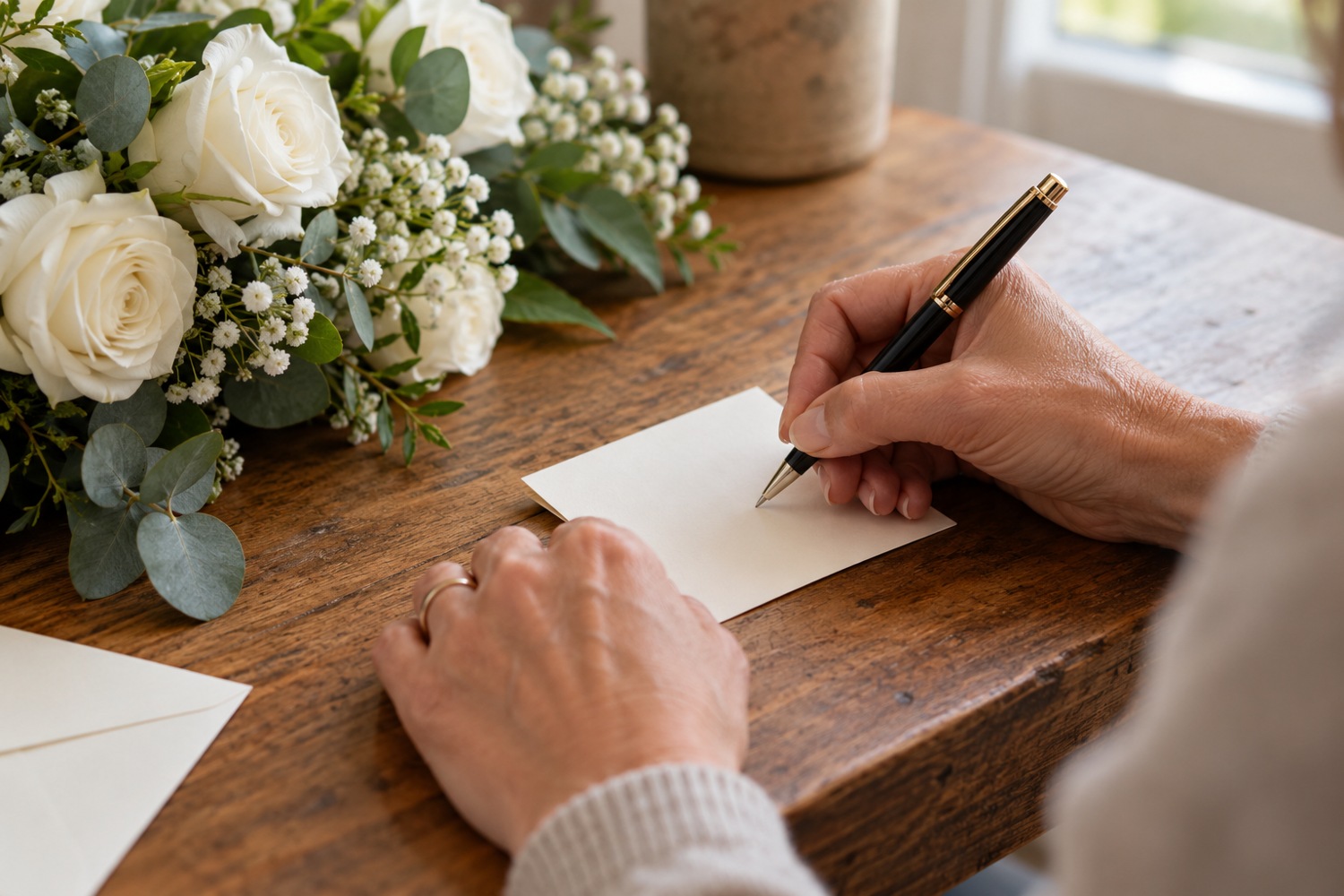 Hands hold a pen over a small florist card beside white roses.