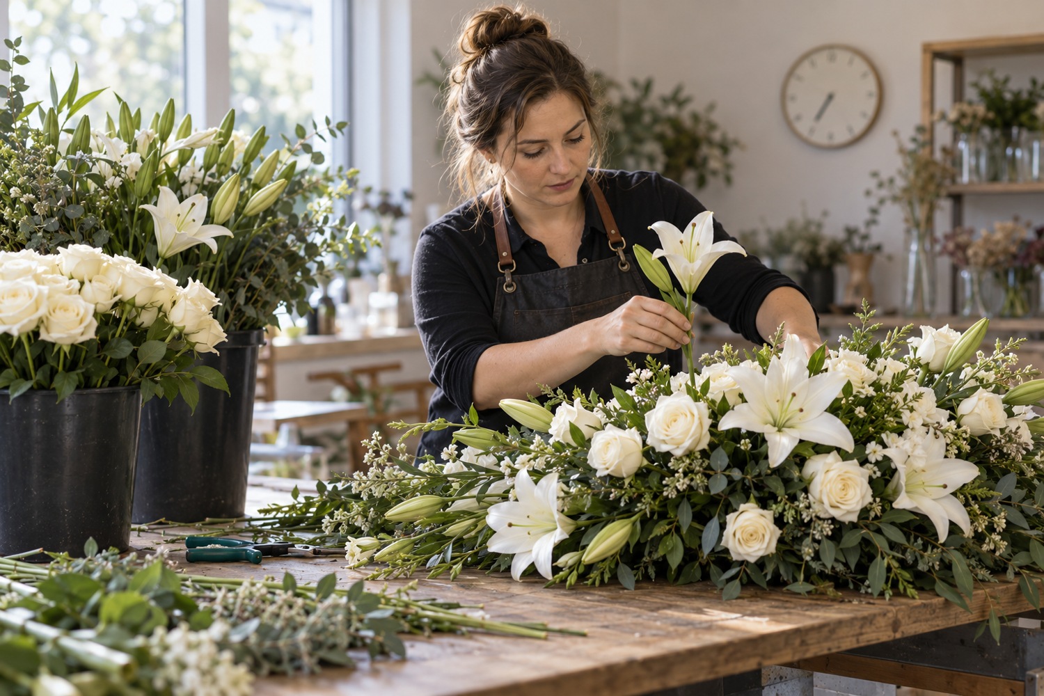 Florist prepares a custom white lily and rose funeral arrangement on a workbench.
